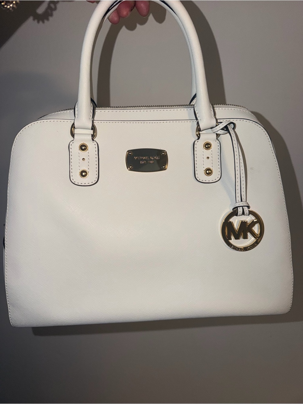 Michael Kors White Saffiano Satchel with Gold Hardware